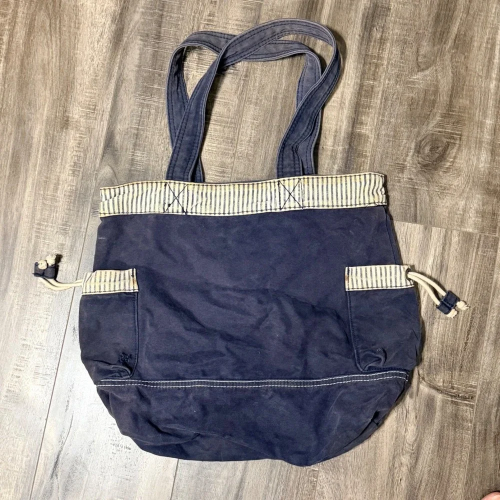 Abercrombie & Fitch Navy Blue Canvas Tote Bag Spellout Logo Striped Trim Vintage